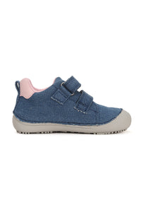 Children's barefoot sneakers - Denim blue canvas, pink-silver flash