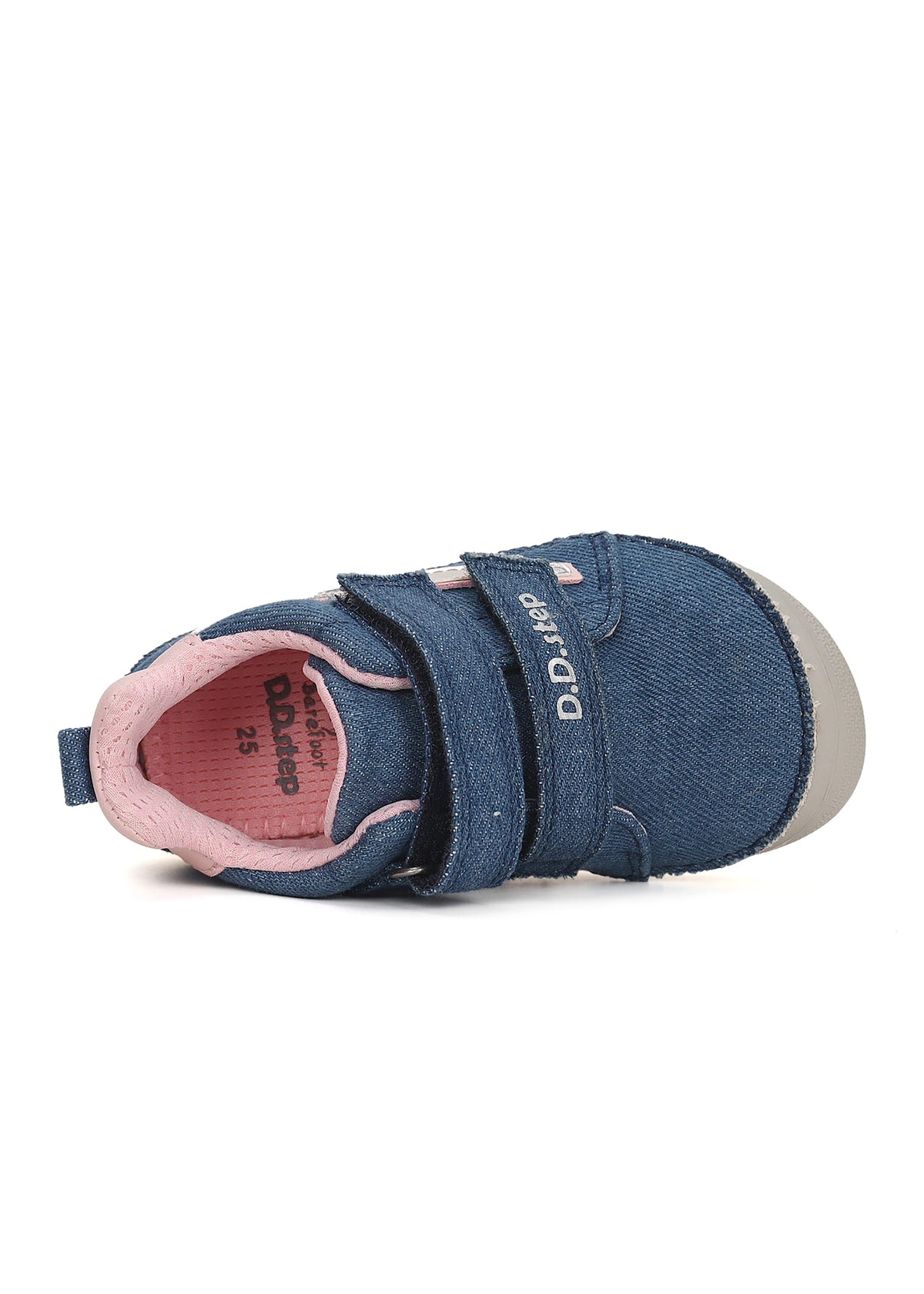 Children's barefoot sneakers - Denim blue canvas, pink-silver flash