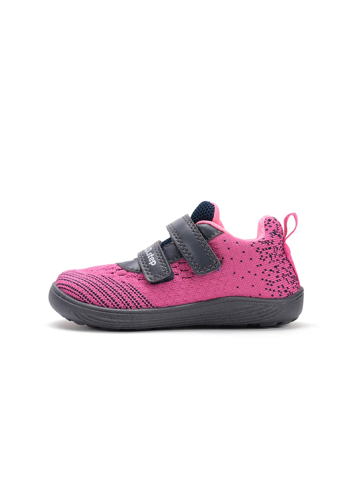Children's barefoot sneakers - pink fabric, gray details, Velcro