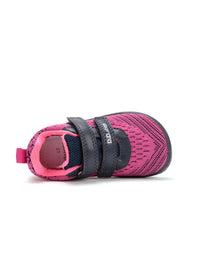 Children's barefoot sneakers - pink fabric, gray details, Velcro