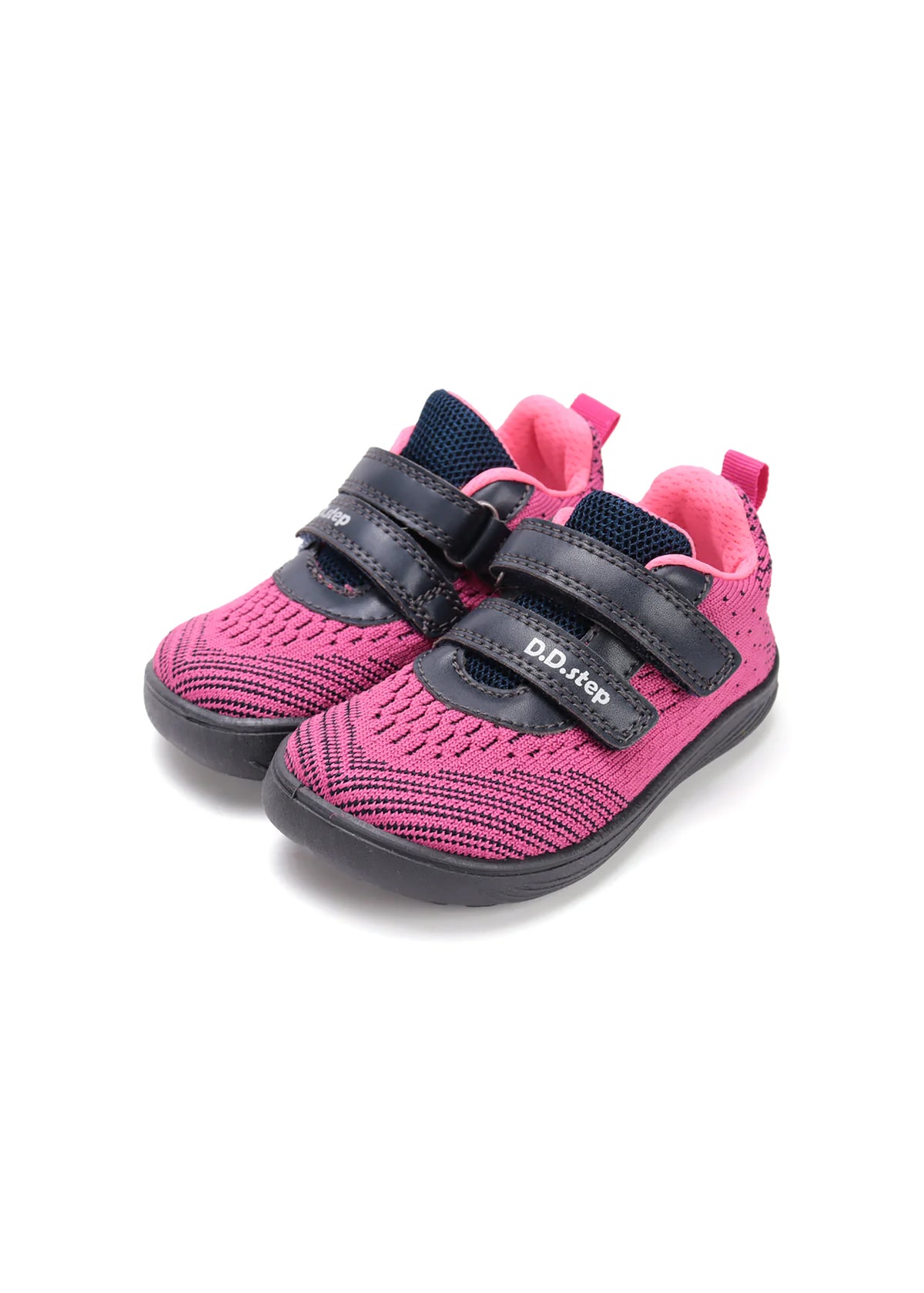 Children's barefoot sneakers - pink fabric, gray details, Velcro