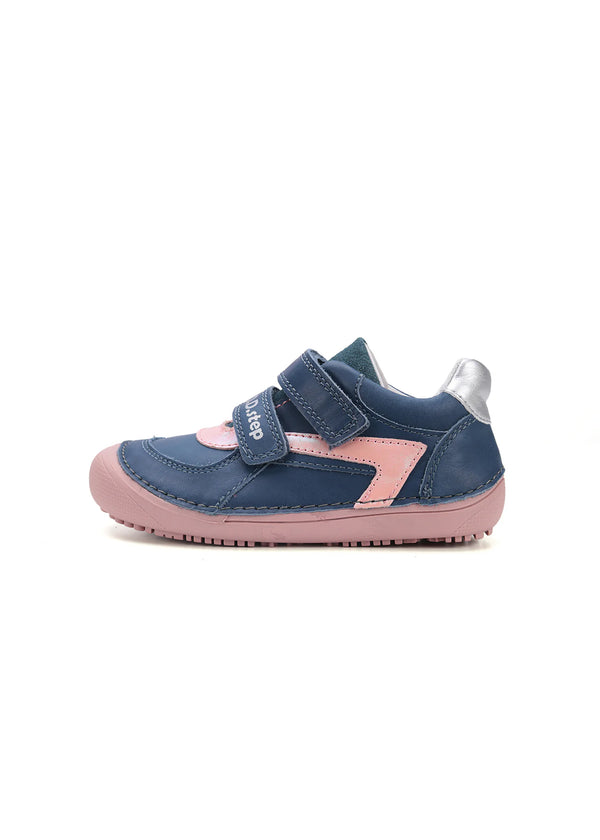 Children's barefoot sneakers, mid-season shoes - blue leather, pink patterned designs