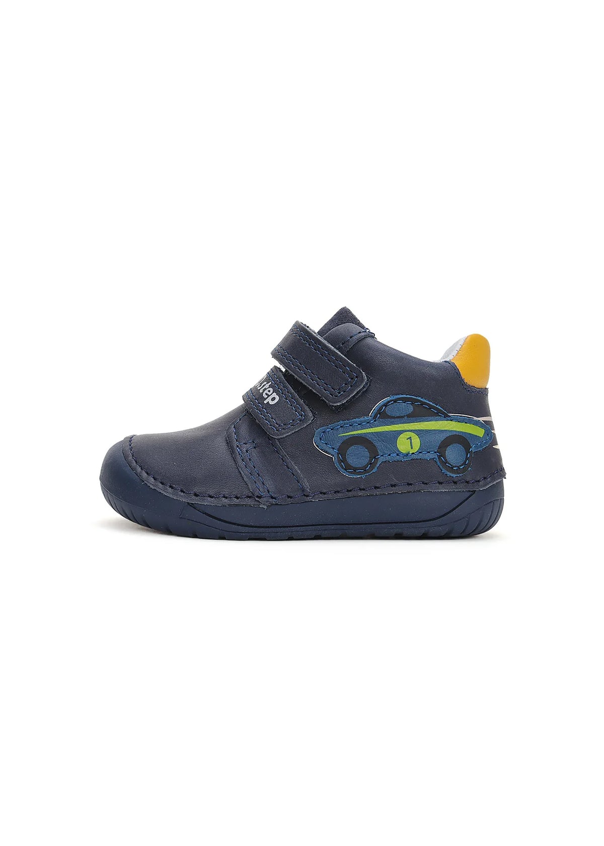 Children's first step shoes - blue leather, yellow truck