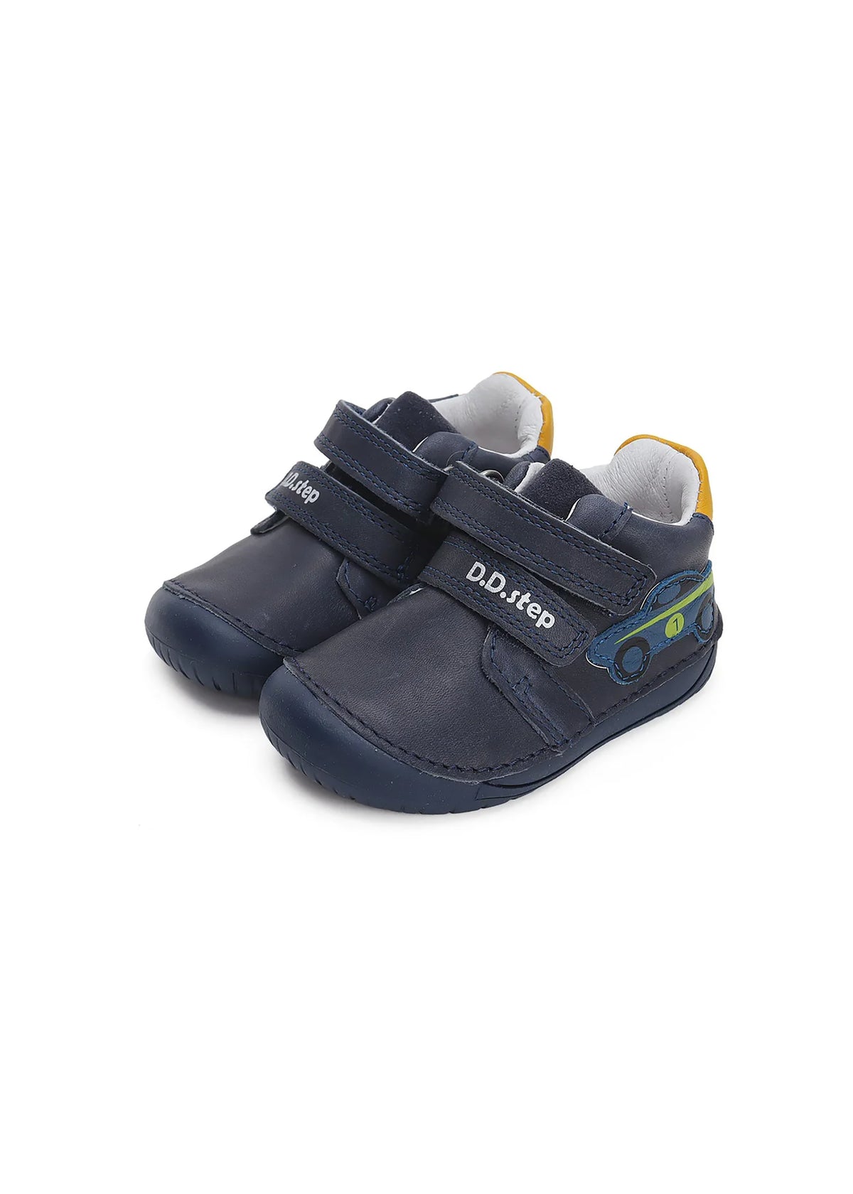 Children's first step shoes - blue leather, yellow truck