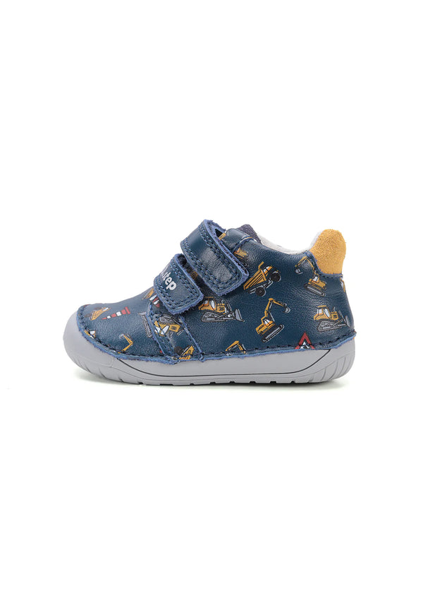 Children's barefoot sneakers, transitional season shoes - dark blue leather, diggers