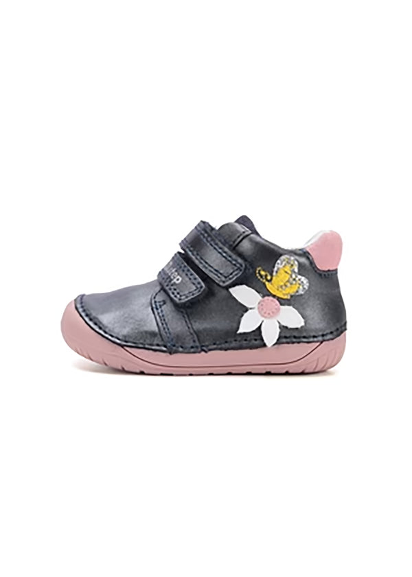 Children's barefoot sneakers, transitional season shoes - dark blue leather, flowers