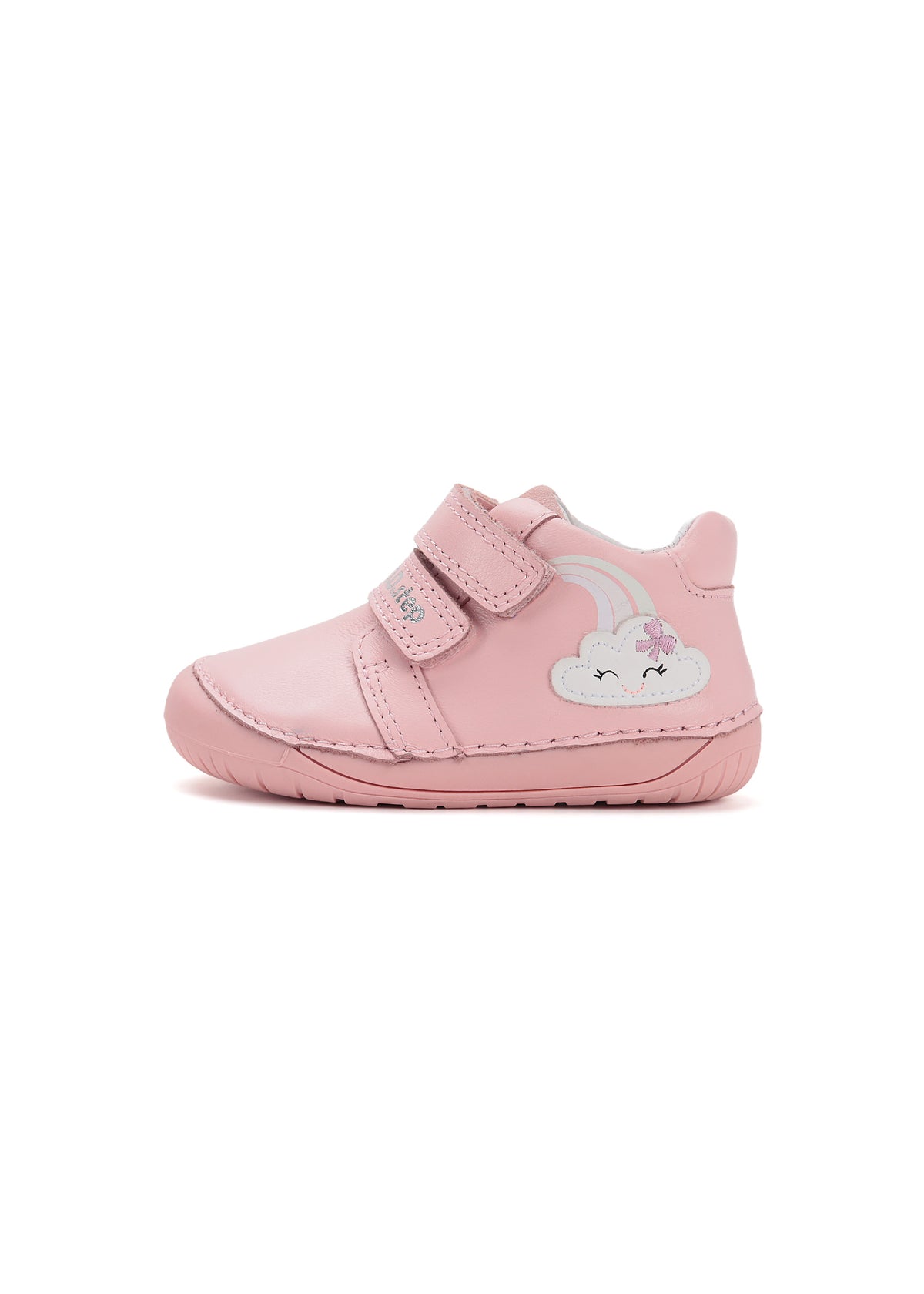 Children's barefoot sneakers, transitional season shoes - light pink leather, cloud and rainbow