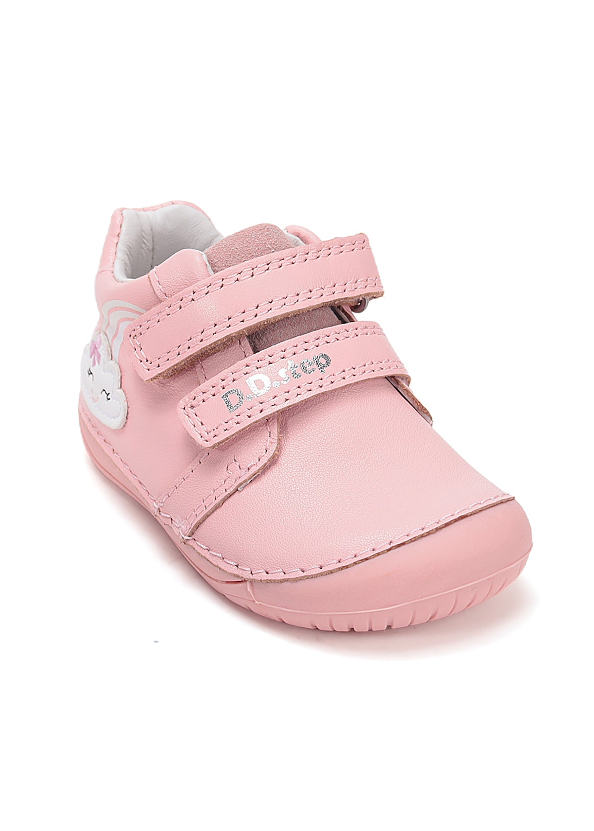 Children's barefoot sneakers, transitional season shoes - light pink leather, cloud and rainbow