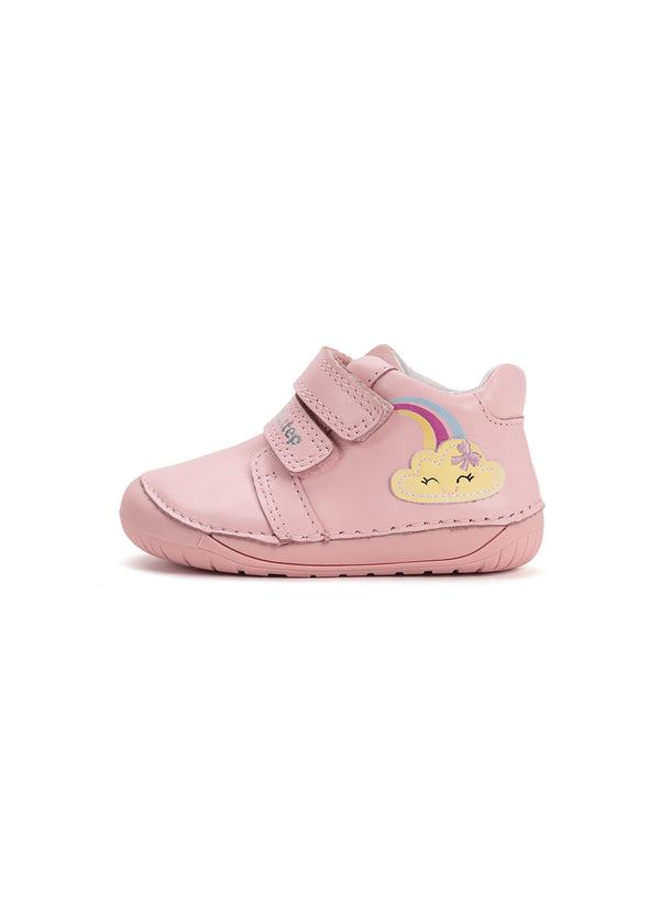 Children's barefoot sneakers, transitional season shoes - light pink leather, cloud and rainbow
