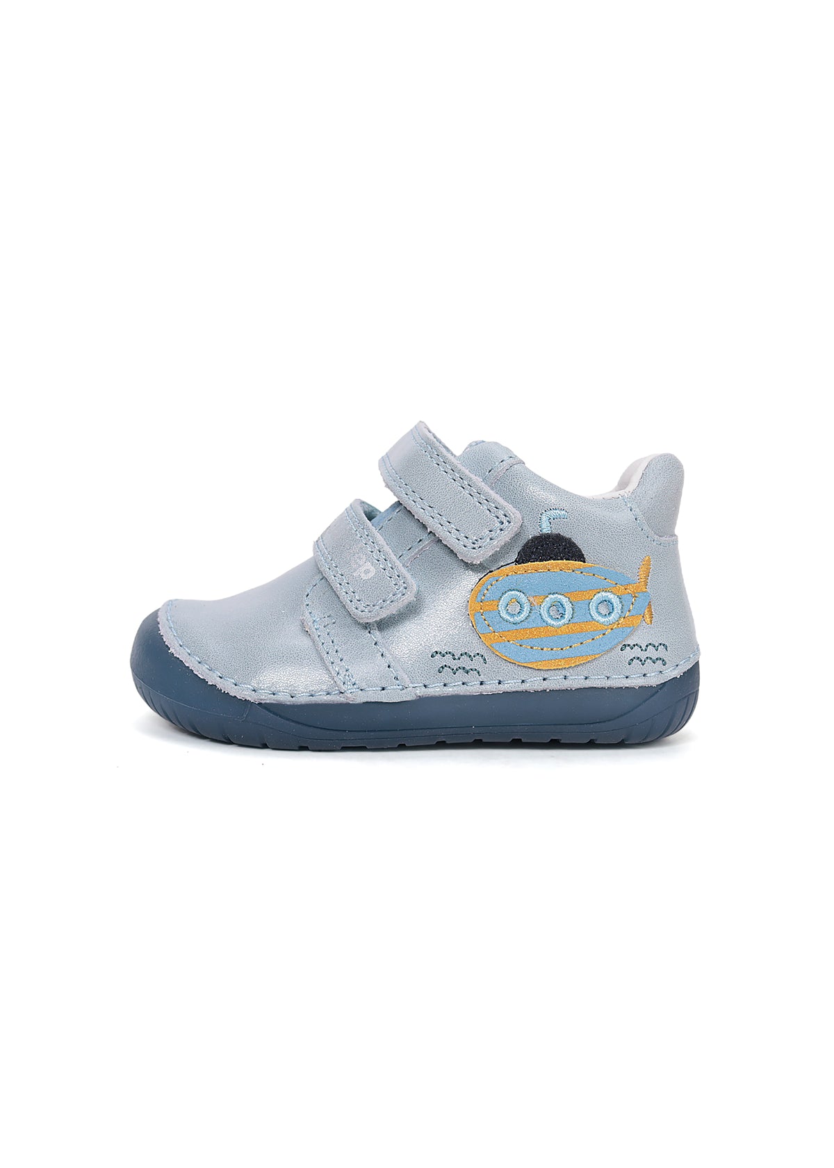 Children's barefoot sneakers, transitional season shoes - light blue leather, submarine