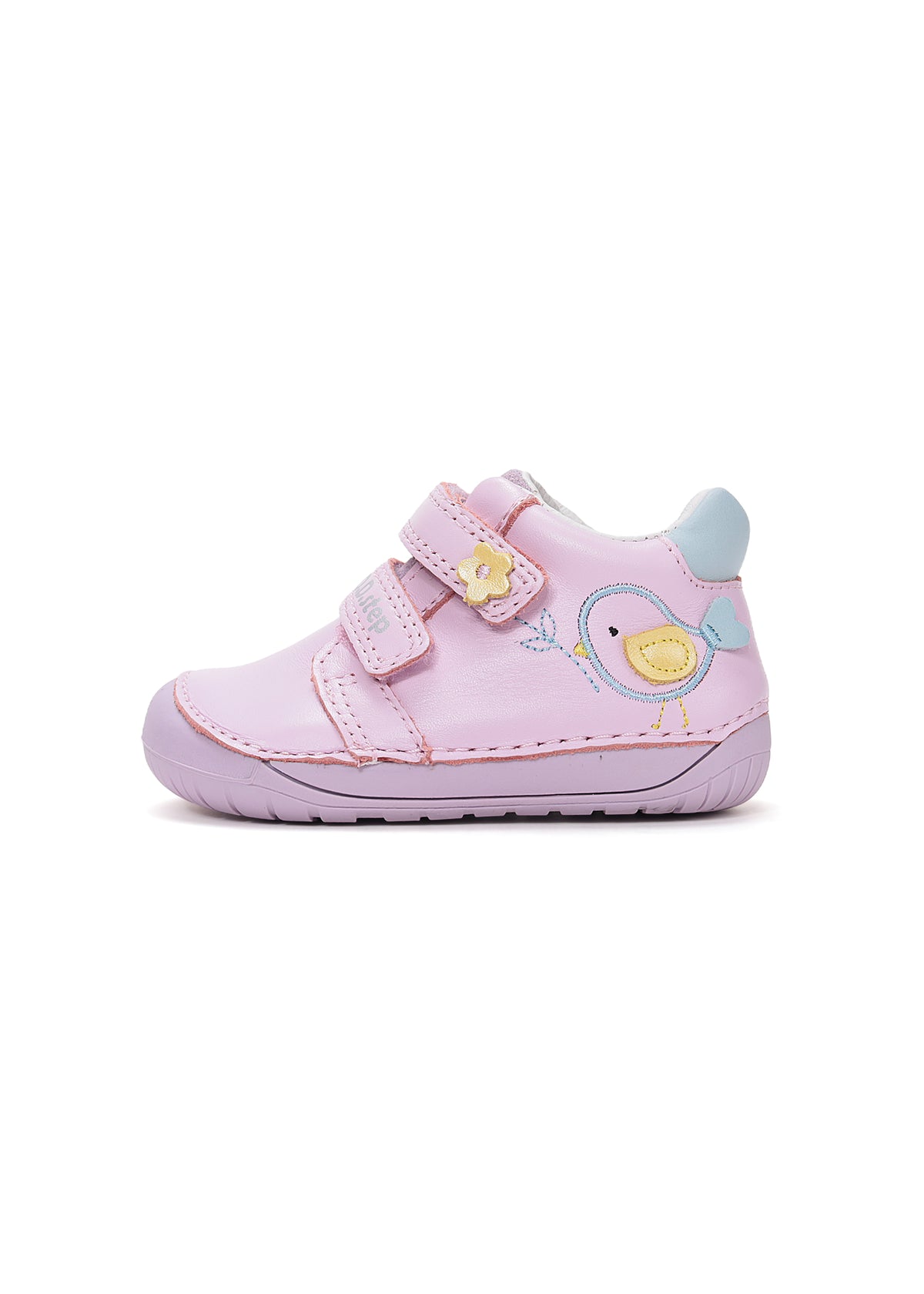 Children's barefoot sneakers, transitional season shoes - light pink leather, little bird