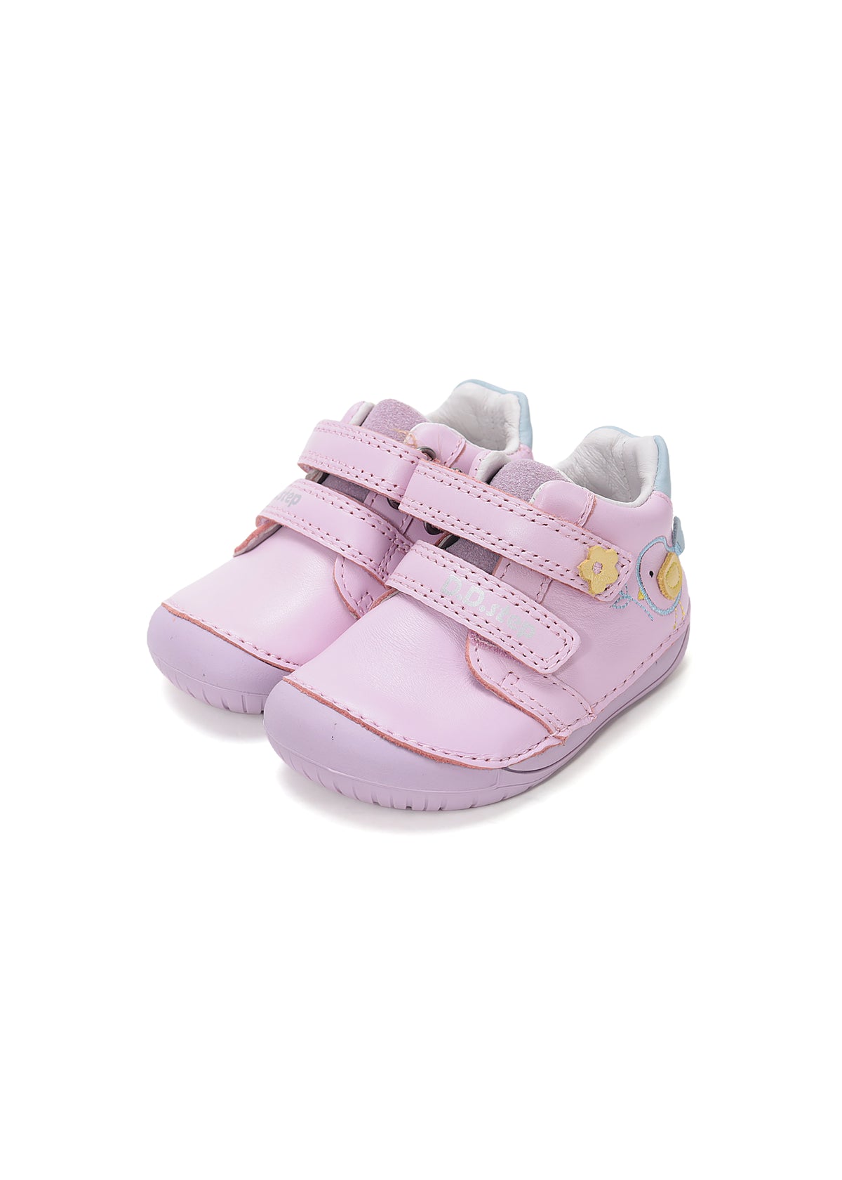 Children's barefoot sneakers, transitional season shoes - light pink leather, little bird