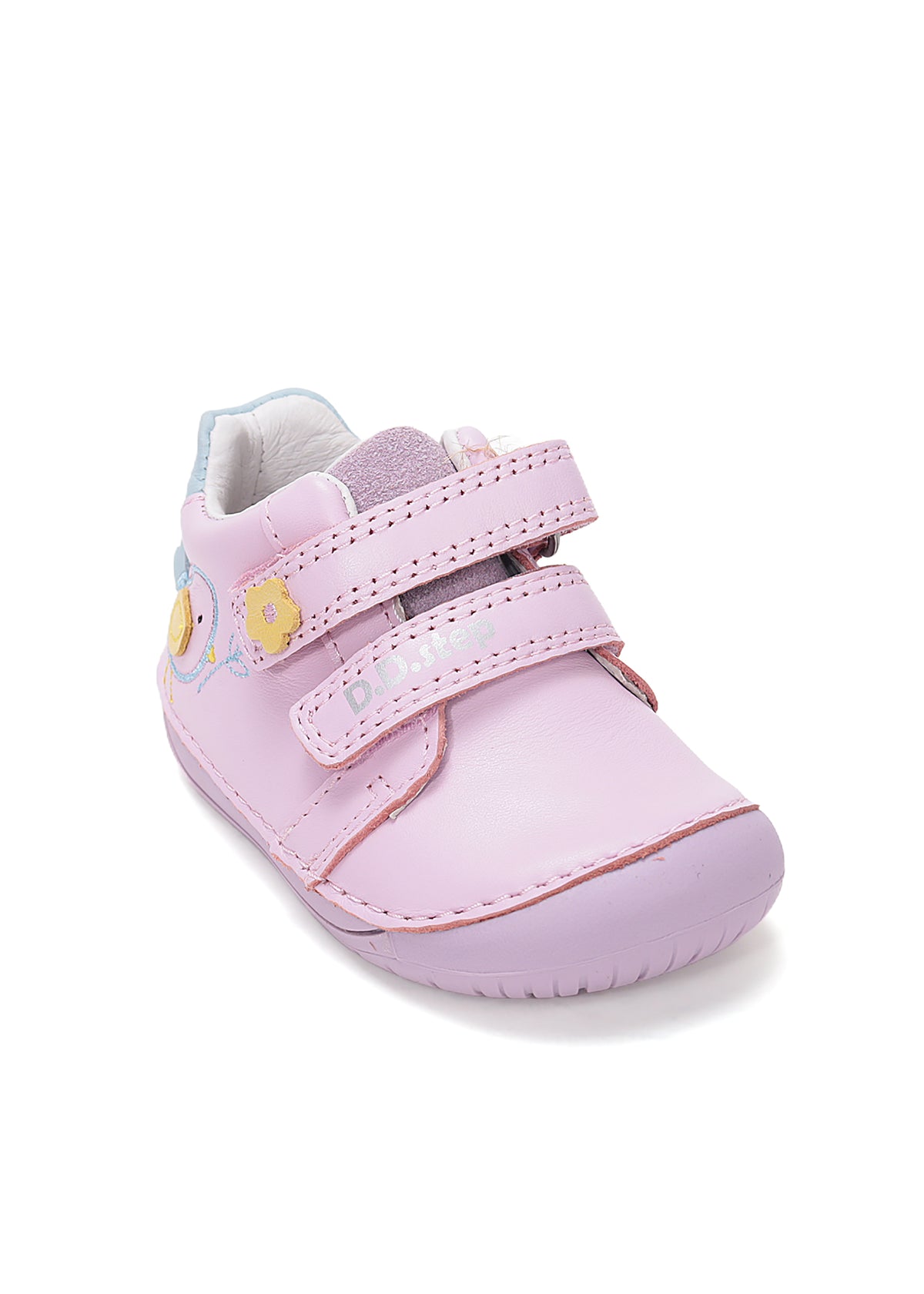 Children's barefoot sneakers, transitional season shoes - light pink leather, little bird