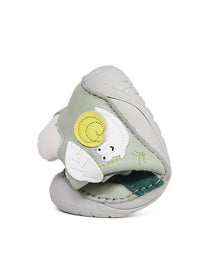 Children's barefoot sneakers, transitional shoes - green leather, cute snail