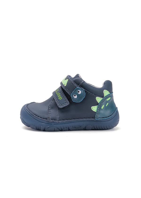 Children's barefoot shoes, mid-season shoes - dark blue leather, dino