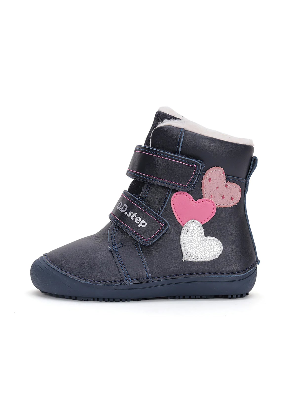 Children's barefoot shoes - winter shoes, dark blue leather, hearts