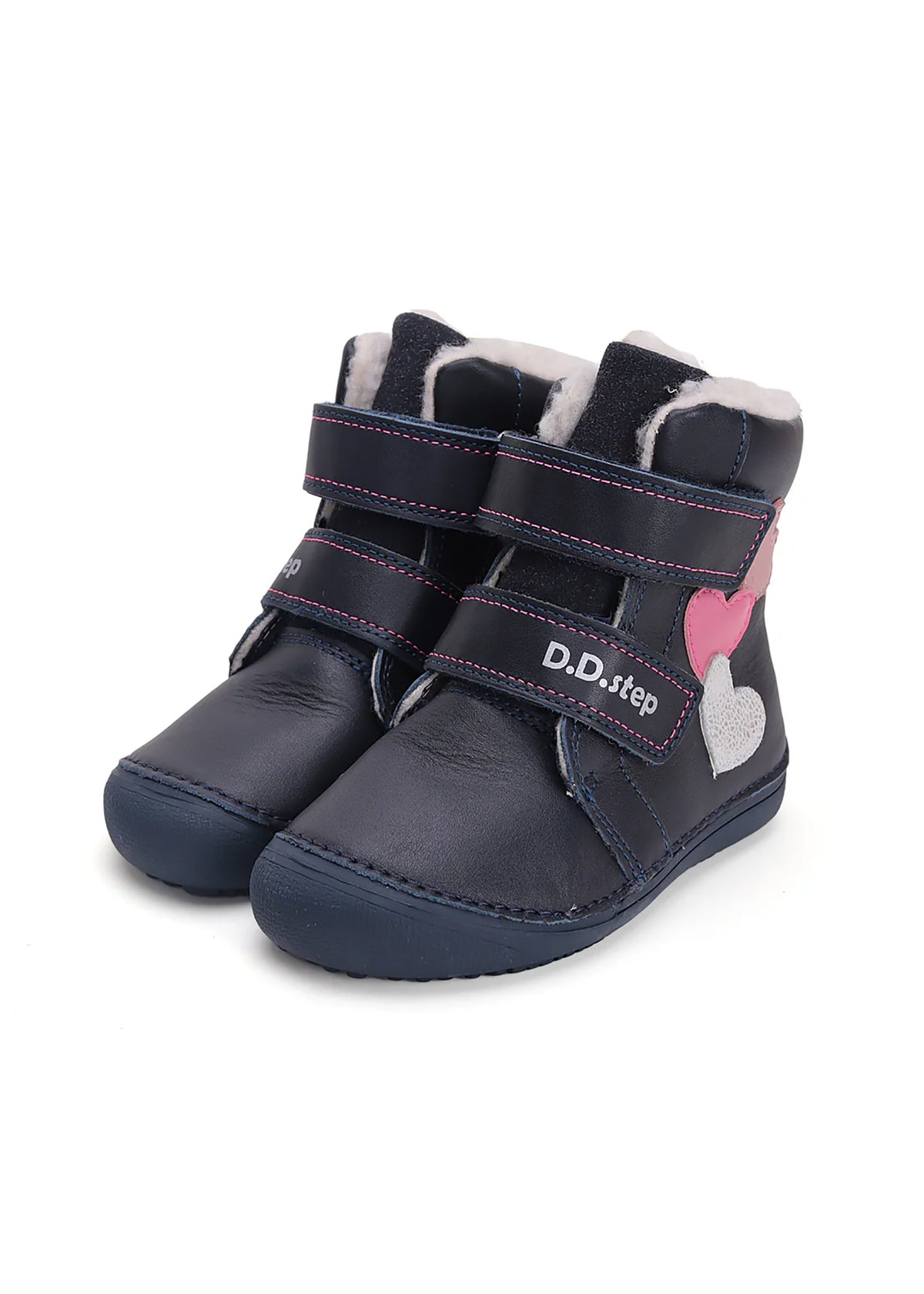 Children's barefoot shoes - winter shoes, dark blue leather, hearts