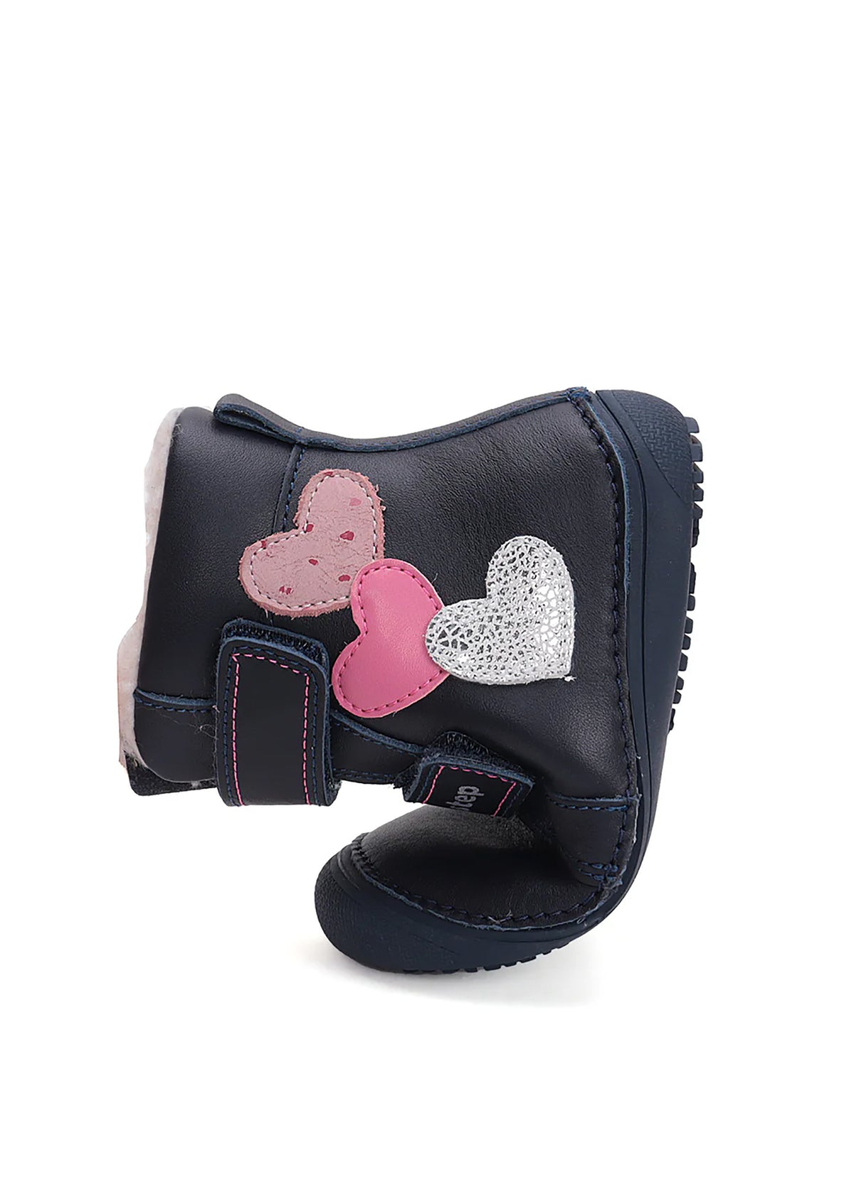 Children's barefoot shoes - winter shoes, dark blue leather, hearts