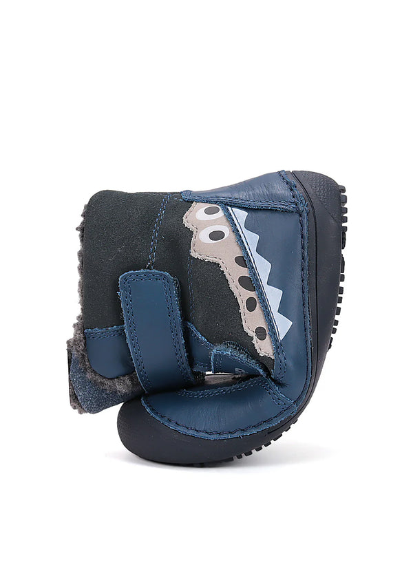Children's barefoot shoes - winter shoes, blue leather, crocodile