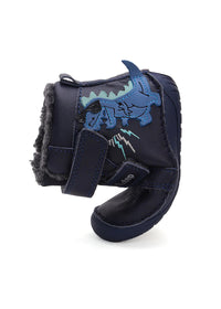 Children's barefoot shoes - winter shoes, dark blue leather, dino