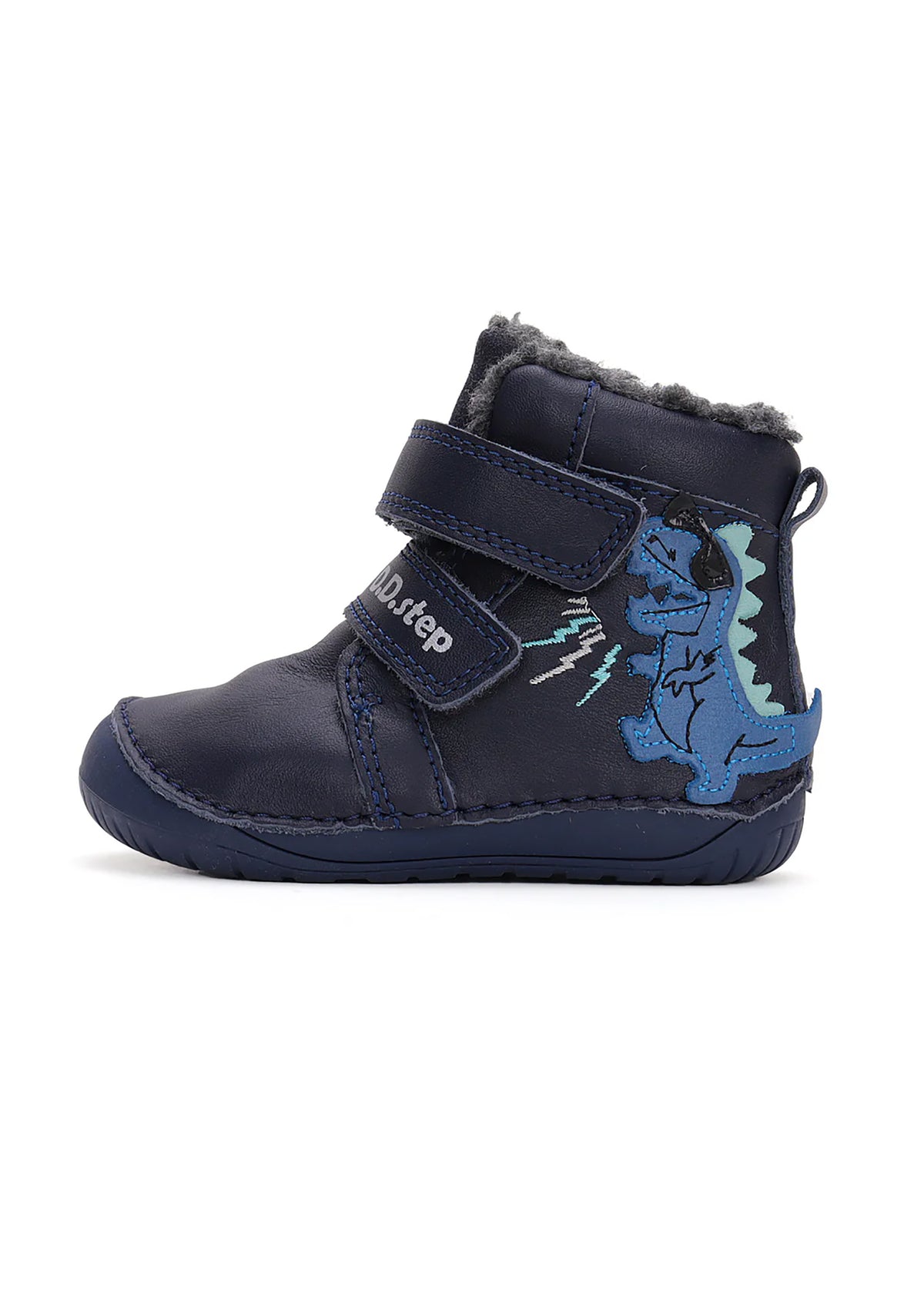 Children's barefoot shoes - winter shoes, dark blue leather, dino