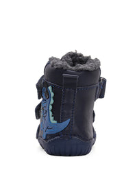 Children's barefoot shoes - winter shoes, dark blue leather, dino