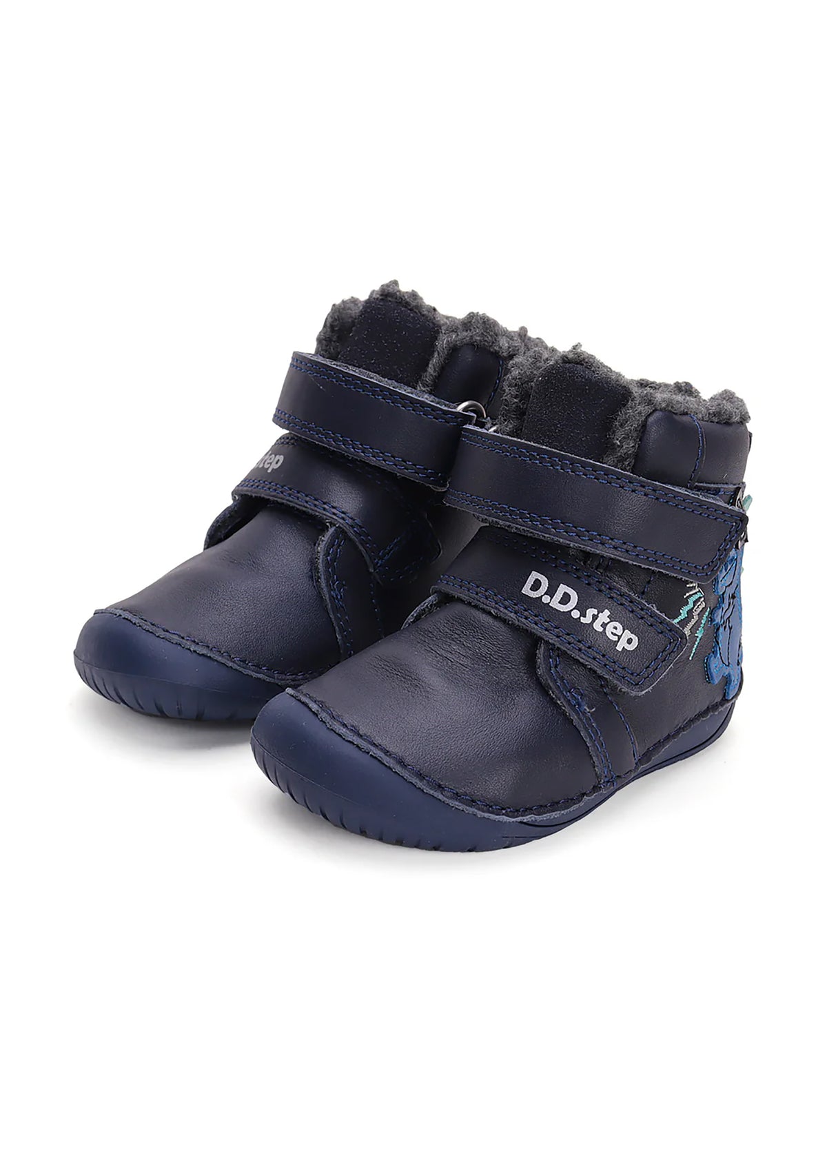 Children's barefoot shoes - winter shoes, dark blue leather, dino