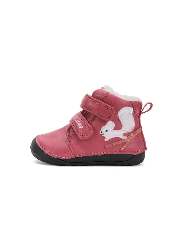 Children's barefoot shoes - winter shoes, pink leather, cute squirrel