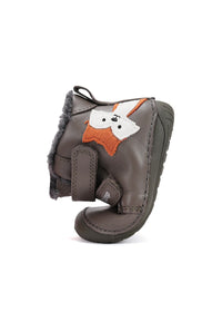 Barns barfotaskor - vinterkängor, grön läder, söt räv