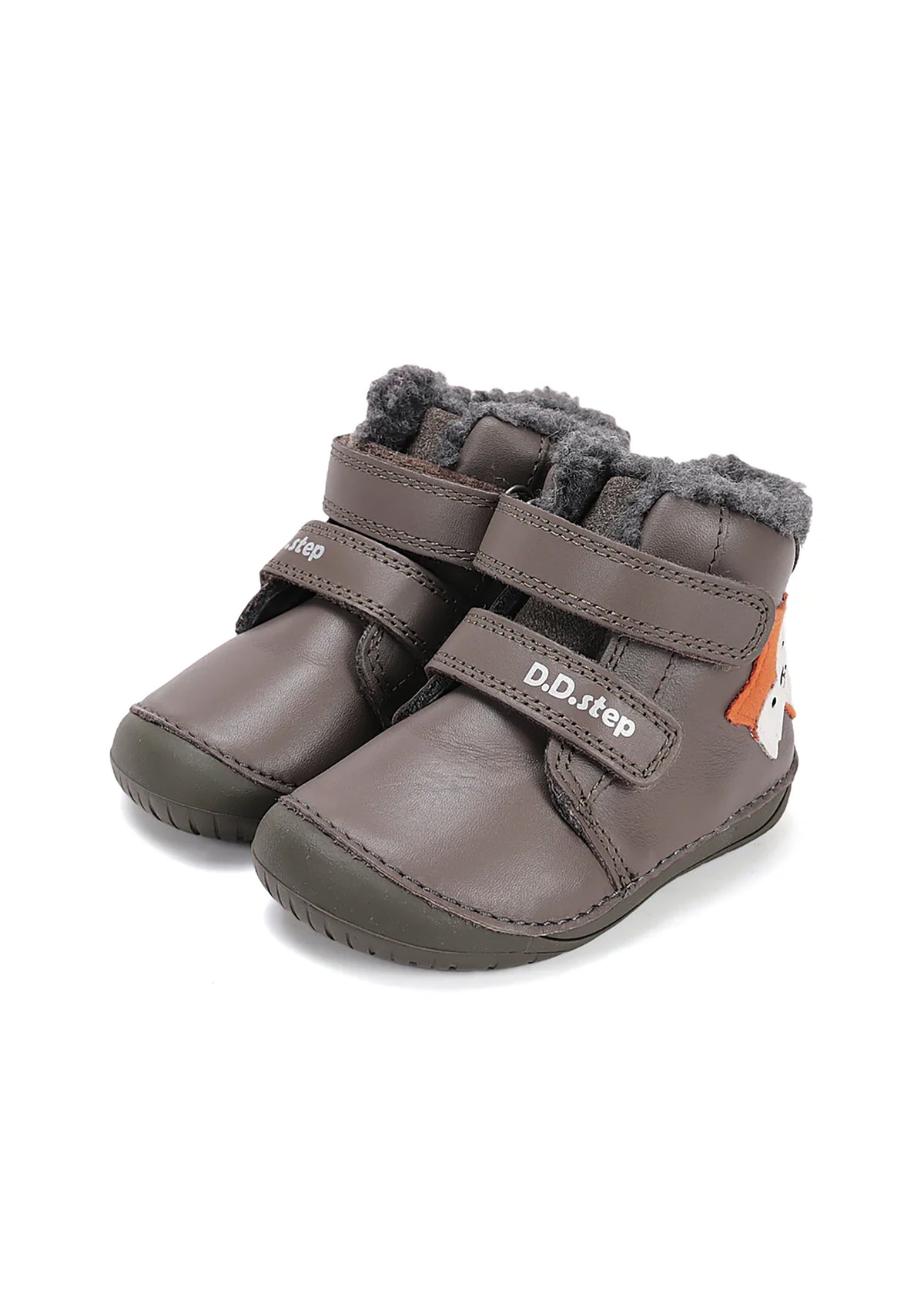 Barns barfotaskor - vinterkängor, grön läder, söt räv