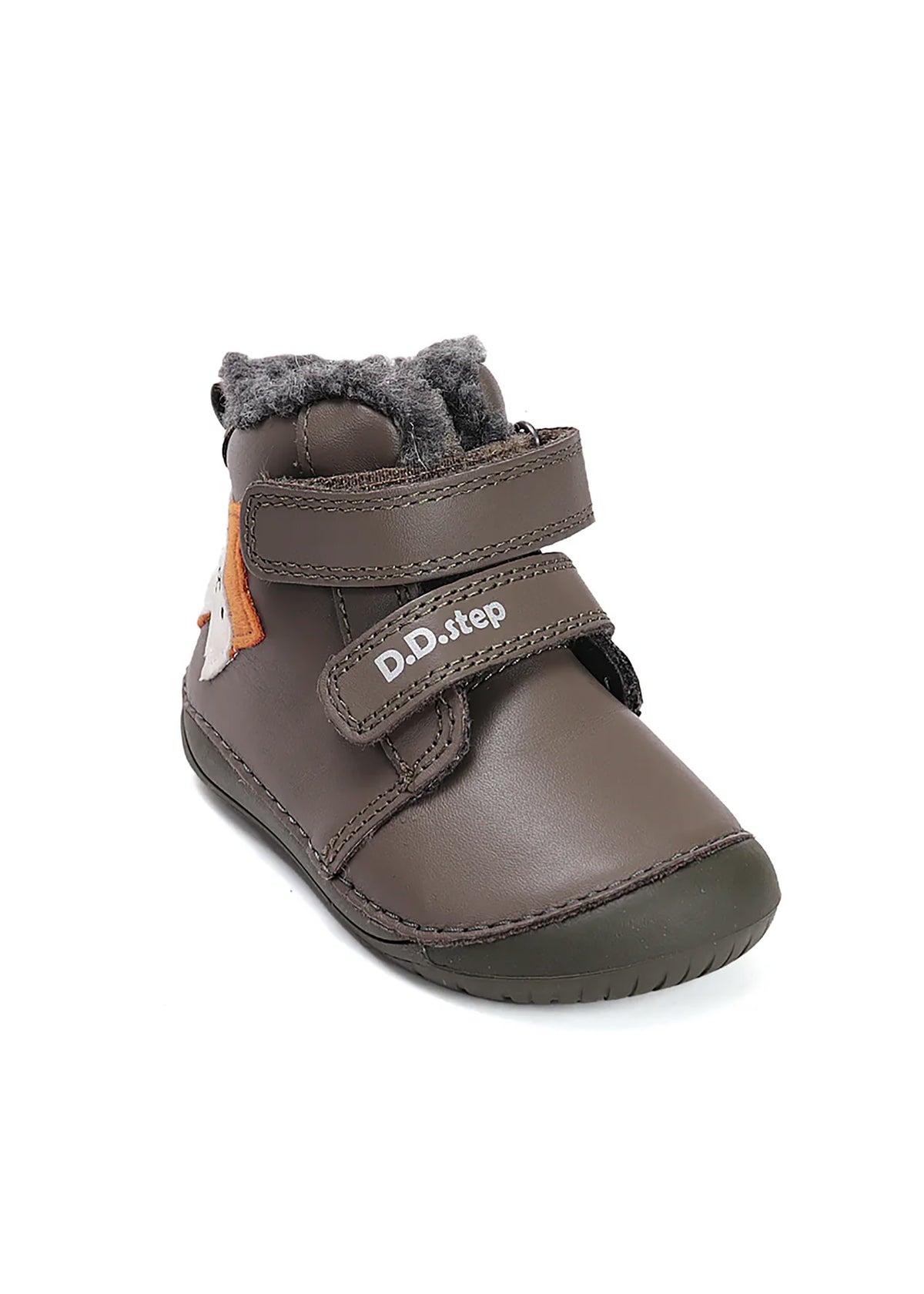 Barns barfotaskor - vinterkängor, grön läder, söt räv