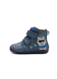 Children's barefoot shoes - winter shoes, blue leather, cool wolf