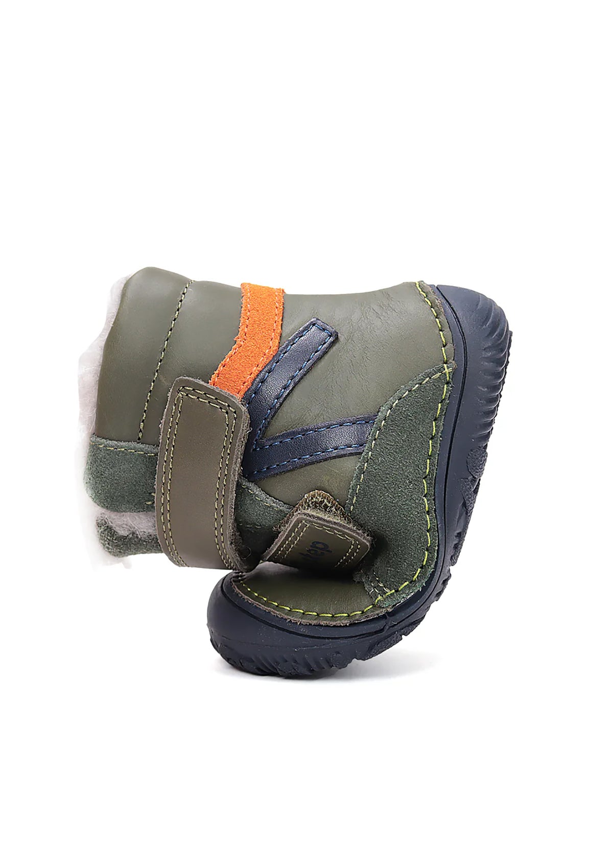 Lasten paljasjalkakengät - talvikengät, vihreä nahka, oranssi vauhtiraita