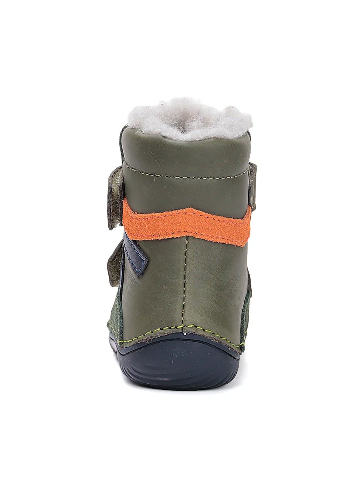 Lasten paljasjalkakengät - talvikengät, vihreä nahka, oranssi vauhtiraita