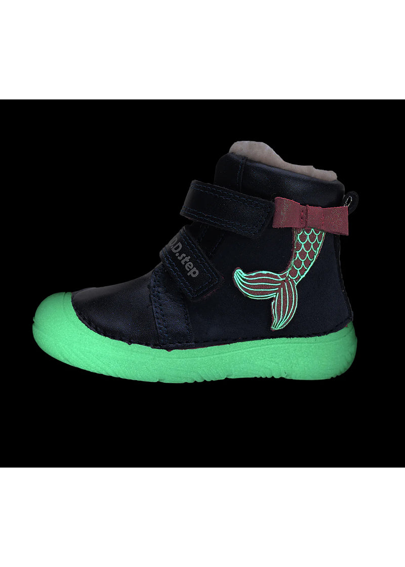 Lasten paljasjalkakengät - talvikengät, tummansininen nahka, vaaleanpunainen merenneito