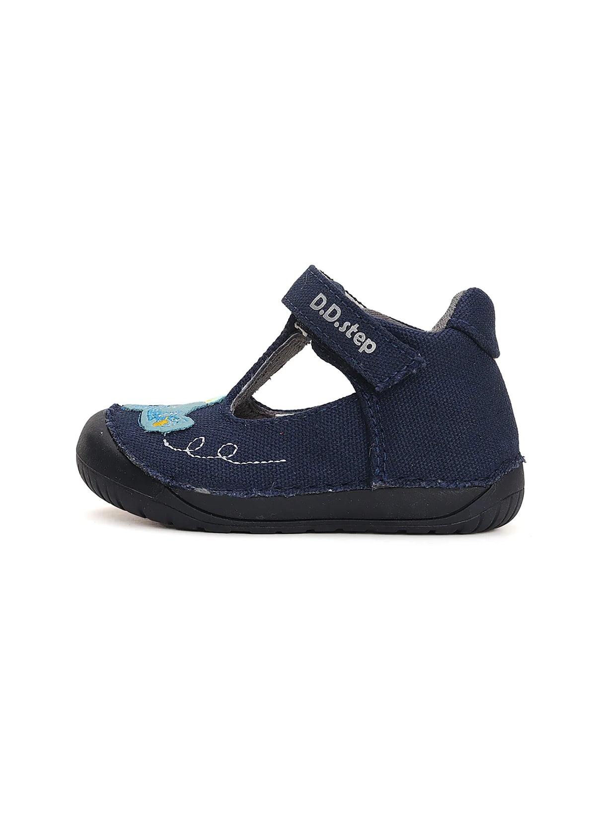 Children's barefoot sandals - dark blue canvas fabric, airplane