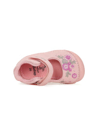Children's barefoot sandals - pink canvas fabric, flowers