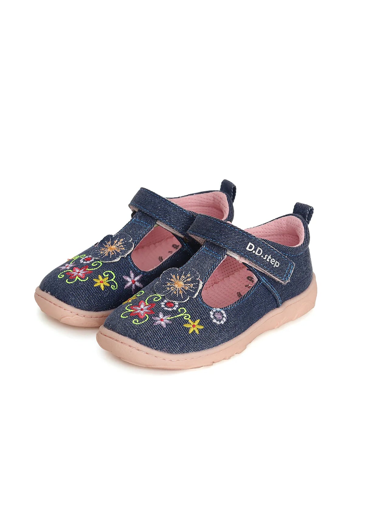 Children's barefoot sandals - blue canvas fabric, flowers