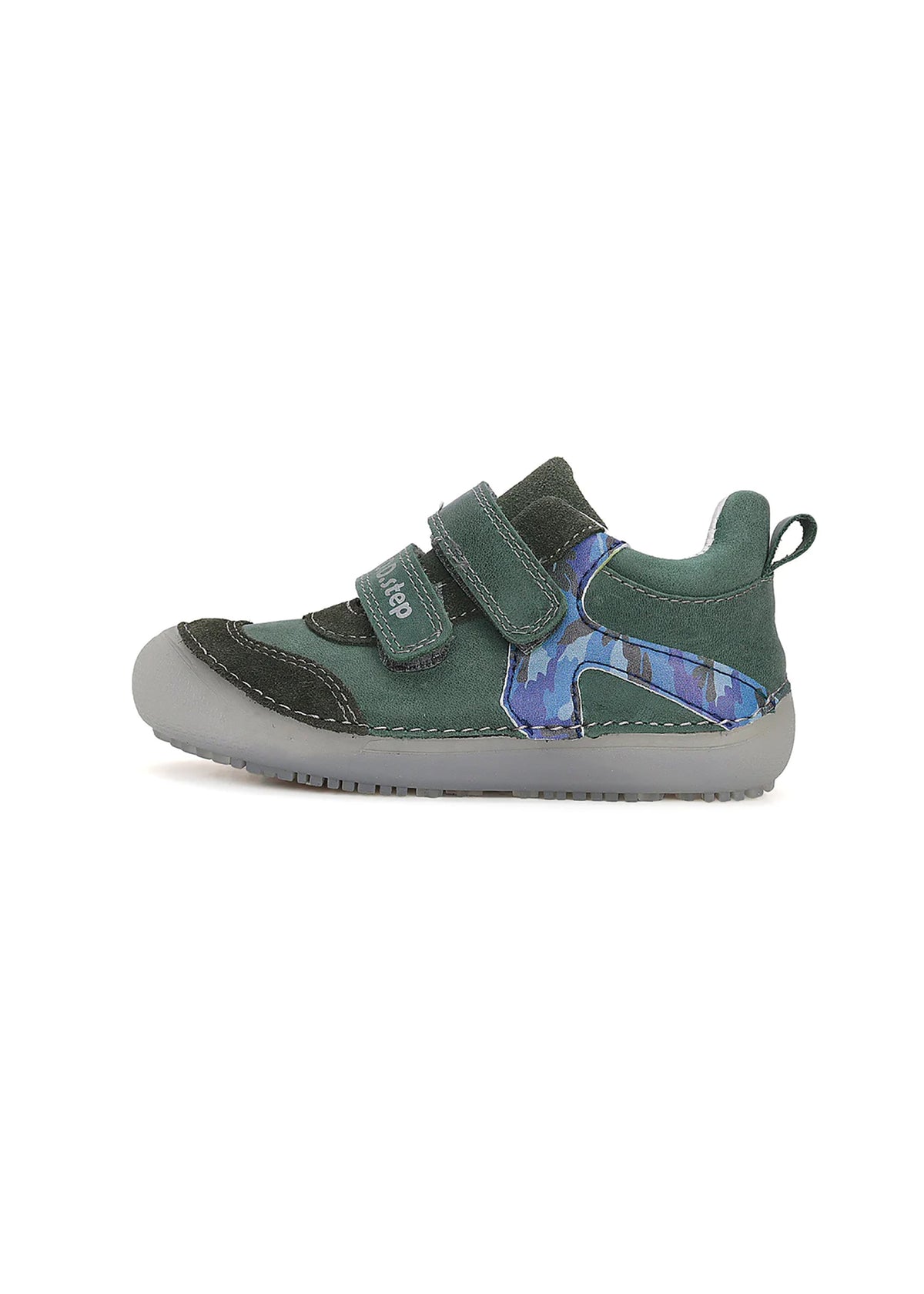 Barfotasneakers för barn - grönt läder, blåmönstrad rand och sula