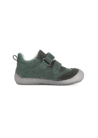 Children's barefoot sneakers - green leather, blue patterned stripe and sole