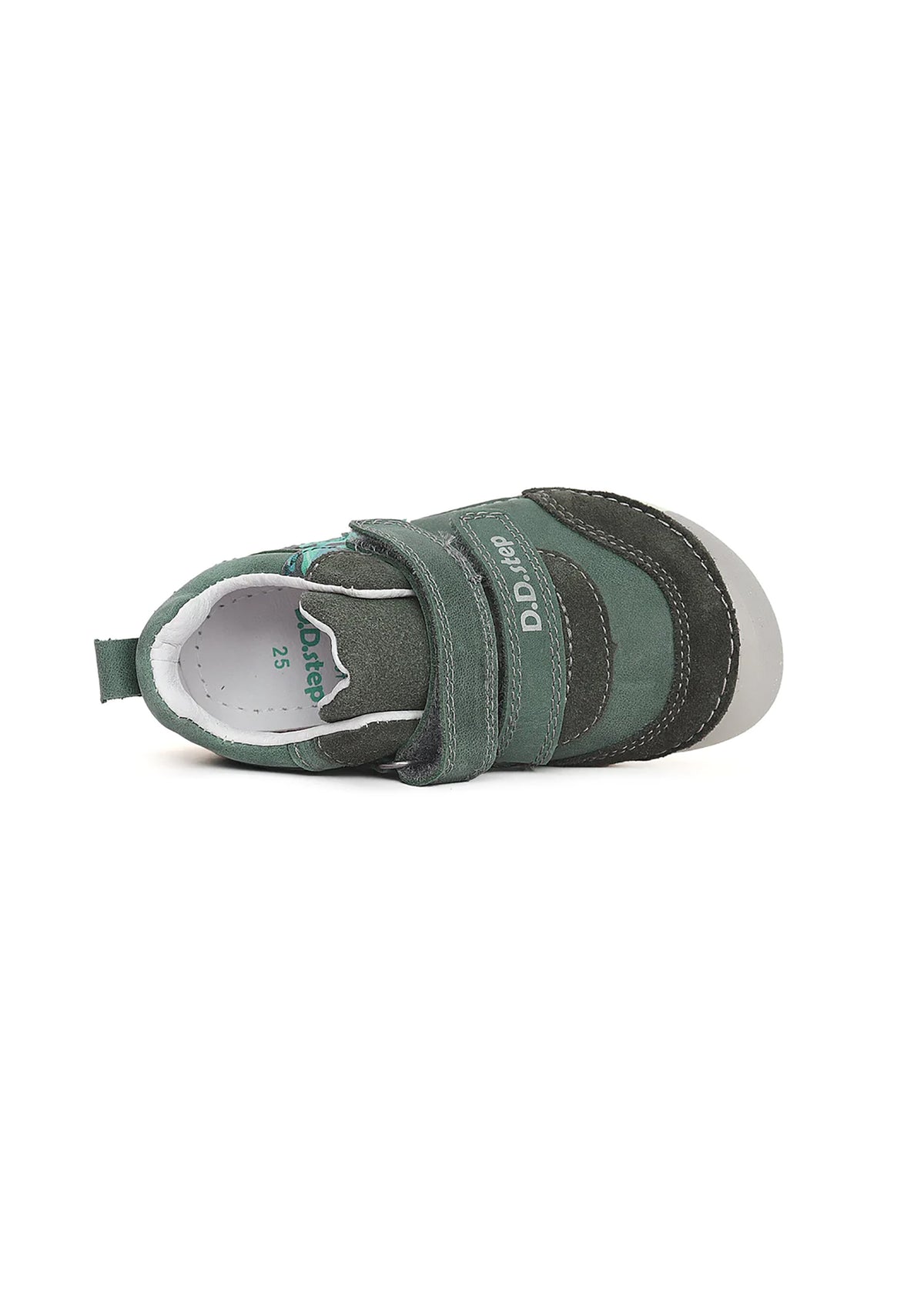 Children's barefoot sneakers - green leather, blue patterned stripe and sole