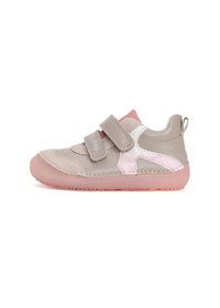 Children's barefoot sneakers - gray leather, pink patterned stripe and sole
