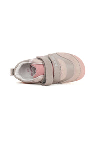 Barfotasneakers för barn - grått läder, rosa mönstrad rand och sula