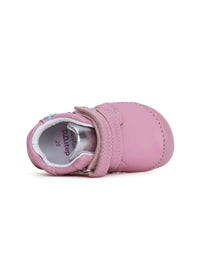 Children's first step shoes - pink leather, flowers