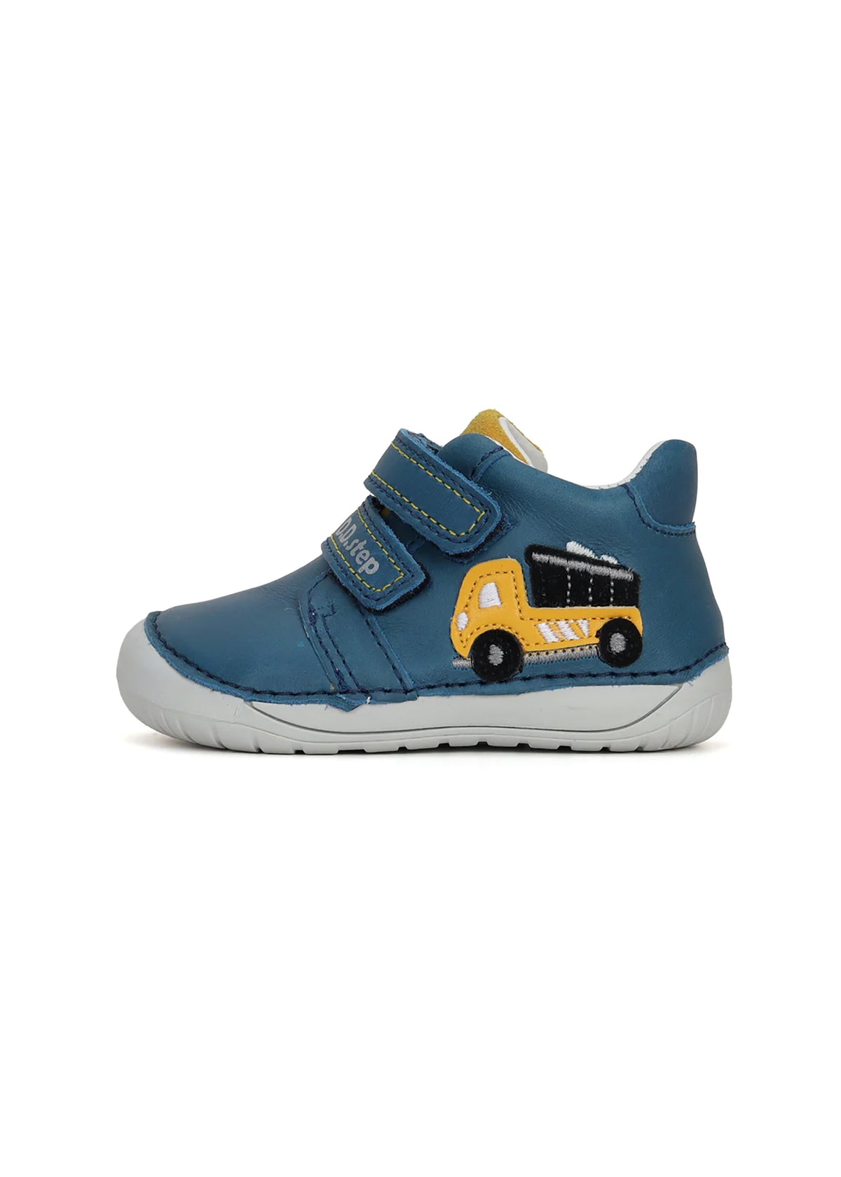 Barns första stegsskor - blått läder, gul lastbil