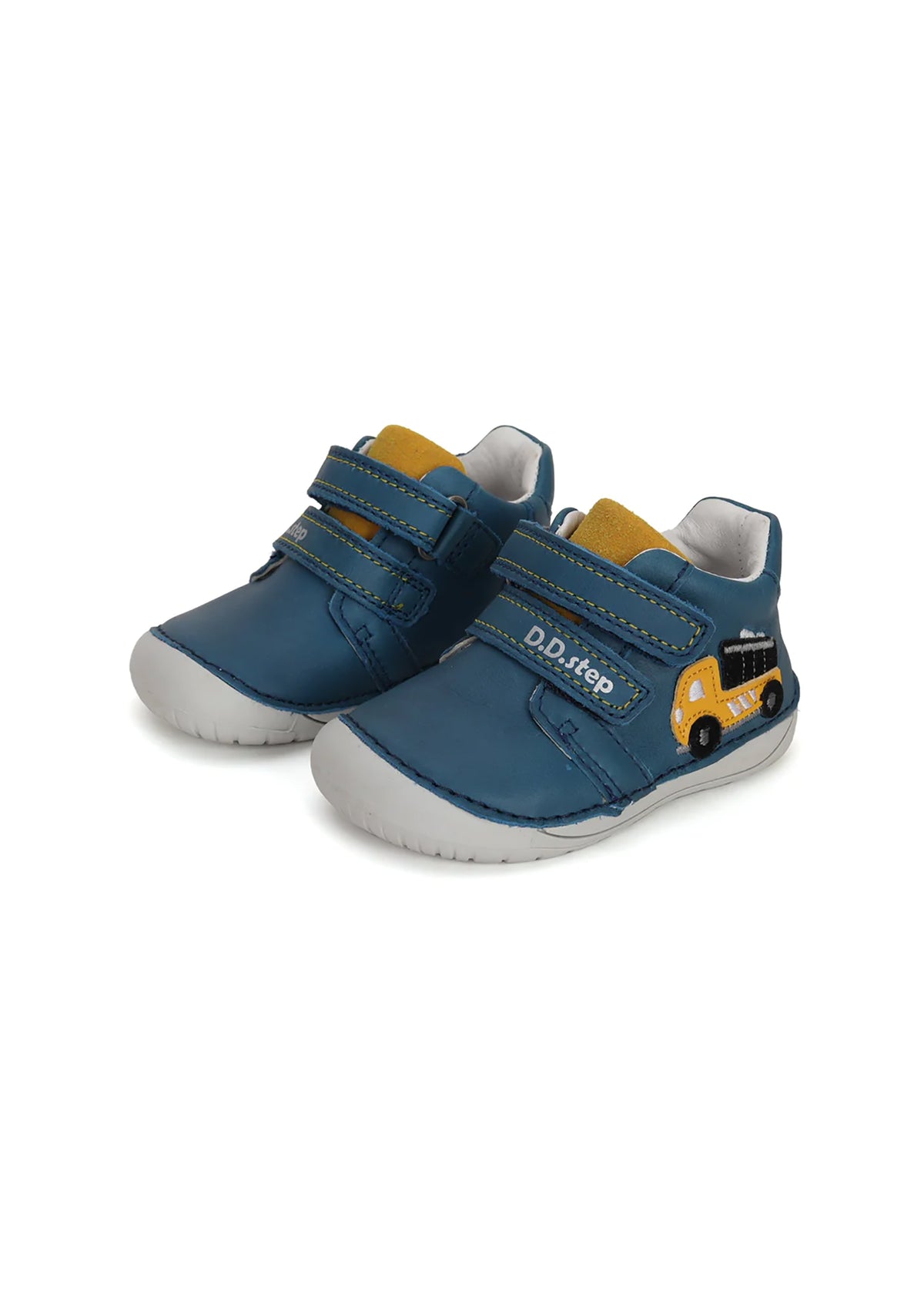 Children's first step shoes - blue leather, yellow truck