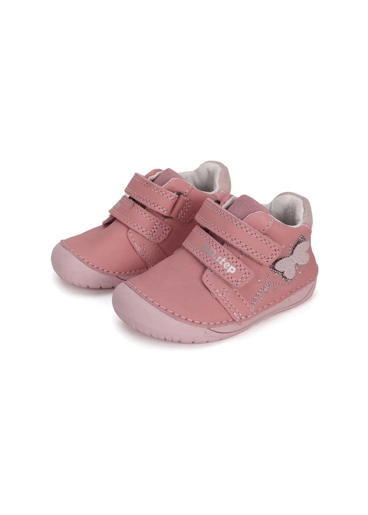 Barns första steg skor - rosa läder, fjäril