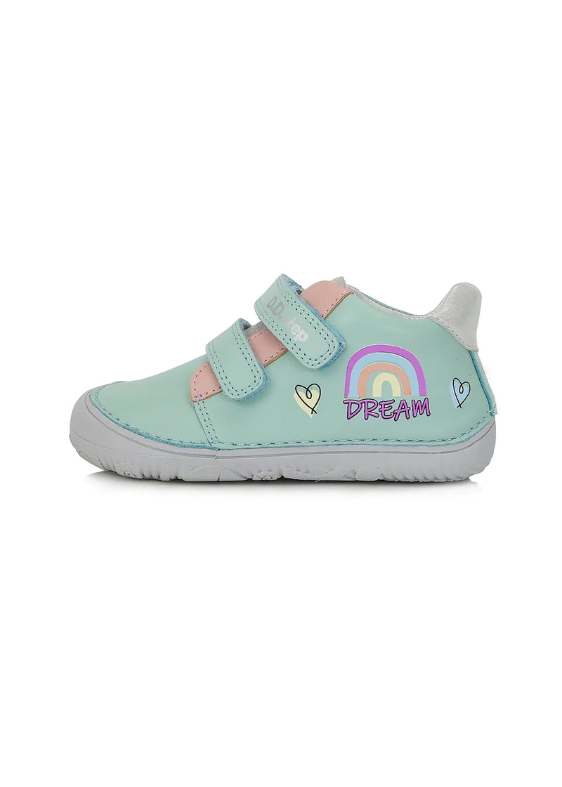 Children's first step shoes - mint green leather, rainbow