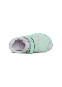Children's first step shoes - mint green leather, rainbow