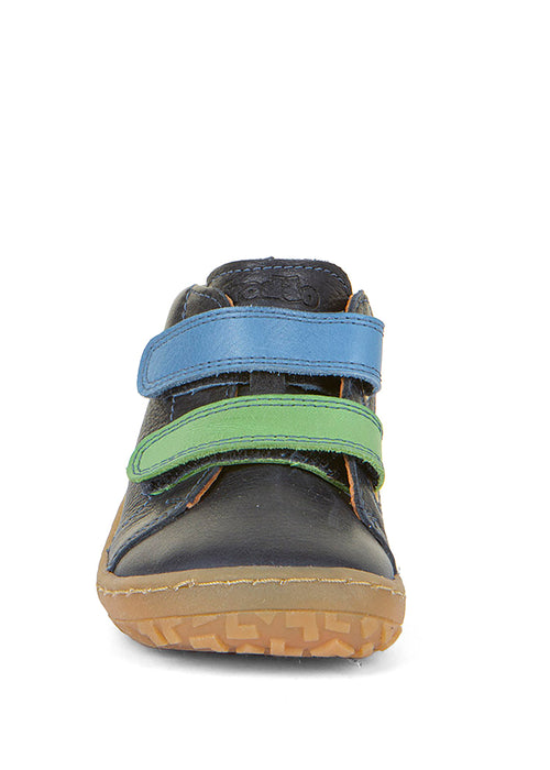 Lasten paljasjalkakengät - tummansininen nahka, sini-vihreät tarranauhat, Barefoot First Step